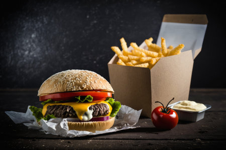 Shot of tasty cheese burger with potatoes on an old black table. Generative AIの素材