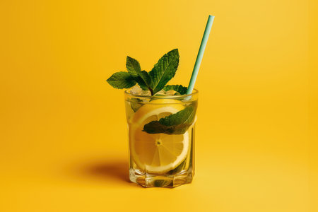 Shot of cocktail with lemon and mint served with a straw on a yellow background. Generative AIの素材