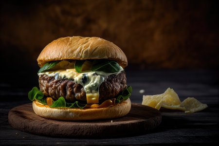 Shot of tasty cheese burger with potatoes on an old black table. Generative AIの素材
