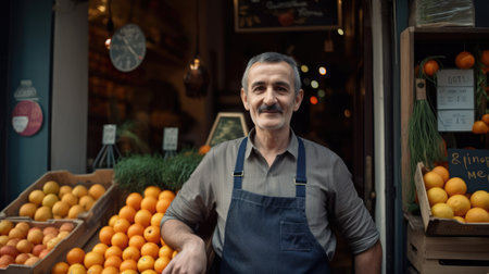 Shot of middle aged shopkeeper posing proudly in front of his fruit shop. Generative AIの素材