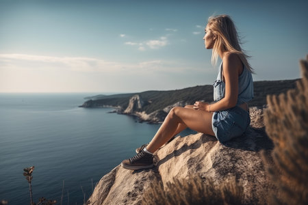 Shot of beautiful young woman sitting on the edge of the cliff while looking at the ocean. Generative AIの素材