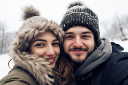 Shot of attractive beautiful young couple in love taking a photo of themselves in front of winter landscape. Generative AIの素材