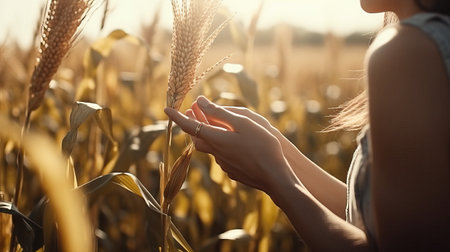 Close up of free and happy woman watching and enjoying in a wheat field. Generative AIの素材
