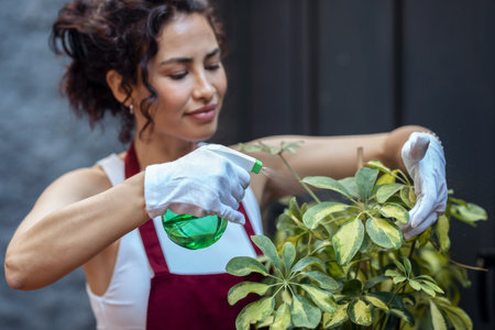 Shot of beautiful woman gardener watering the plants with a sprayer in a terrace gardenの写真素材