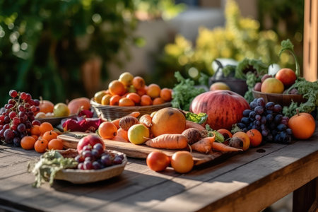 still life composition of healthy food on a terrace table on a sunny day, garden in the background, fruit, vegetables, nuts. Generative AIの素材