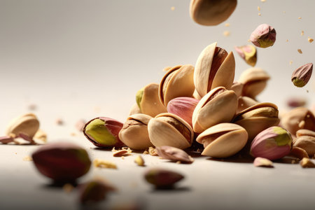 close up photography of a bunch of pistachios falling on a white background. Generative AIの素材
