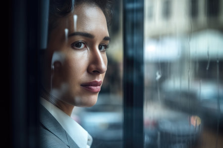 close-up portrait through the window and from the outside of a mid aged executive woman in suit looking from inside his office through the glass over the big city on a rainy day. Generative AIの素材