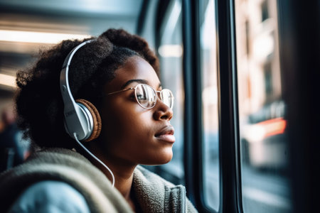 young african american woman traveling sitting in a city bus while listening to music with white headphones. Generative AIの素材