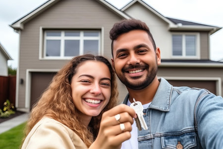 Portrait of happy confident hetero couple showing the keys of his new house in front of their new house. Generative AIの素材