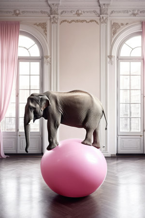 A funny elephant doing exercise on top of a tatami in a large white crossfit gym. Generative AIの素材