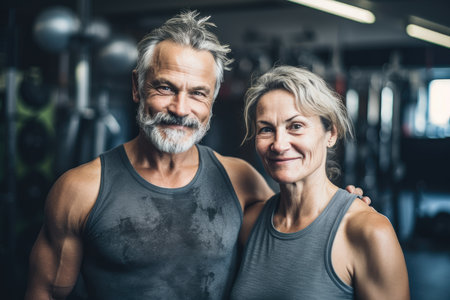 Portrait of a confidenty middle-aged couple  in a large white crossfit gym. Generative aiの素材