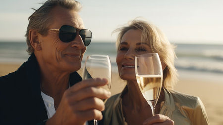 Elegant modern old couple drinking champagne while having fun in the beach. Generative AIの素材