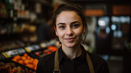 Smiling young shopkeeper young woman posing proudly in front of the counter of the fruit store. Generative AIの素材