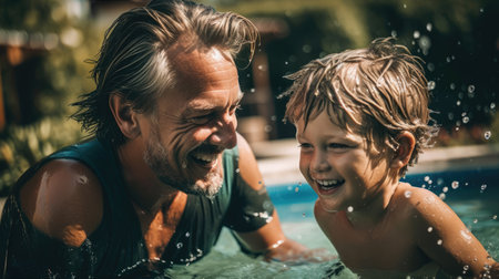 Shot of handsome father enjoying with his son in the pool. Generative Aiの素材