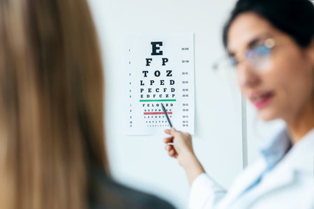 Shot of beautiful female optician doing eye test with eye chart on her patient in ophthalmology clinicの写真素材