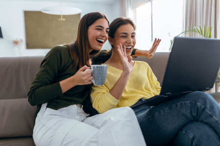Shot of two happy beautiful women doing a video call sitting on the couch at home.の写真素材
