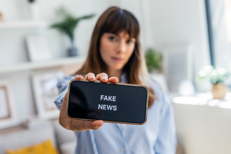 Shot of serious woman holding the mobile phone with the message fake news at homeの写真素材