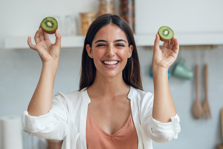 Shot of funny young woman holding kiwi slices in the kitchen at home.の写真素材