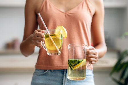 Shot of young woman holding and serving a detox juice in the kitchen at homeの写真素材