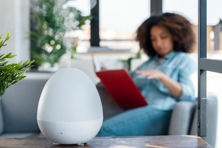 Shot of essential oil aroma diffuser humidifier diffusing water articles in the air while woman reading a book sitting on coach.の写真素材