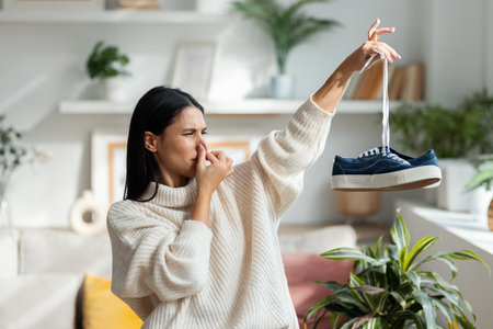 Shot of disgusted beautiful woman holding stinky shoes in the living room at homeの写真素材