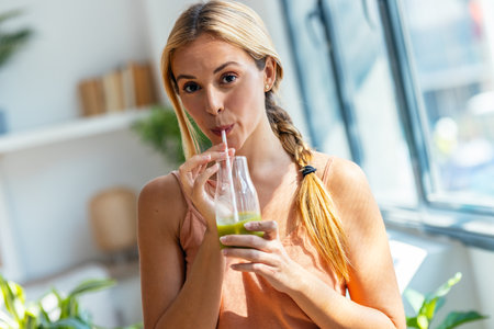 Portrait of cute woman drinking a healthy green smoothie while looking at camera standing in the living room at home.の写真素材