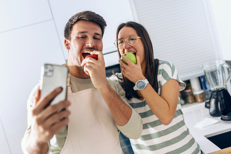 Shot of cute funny couple eating apple while taking a selfie with smartphone in the kitchen