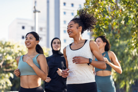 Shot of a group of four sportswomen running together through the cityの写真素材