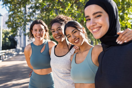 Shot of a group of pretty friends with sporty clothes taking a selfie with smartphone in the cityの写真素材