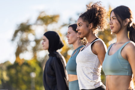 Shot of a group of sporty friends women doing stretching after running in the parkの写真素材