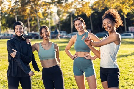 Shot of a group of sporty friends women doing stretching after running in the parkの写真素材