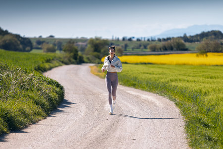 Shot of sporty woman running through the countrysideの写真素材