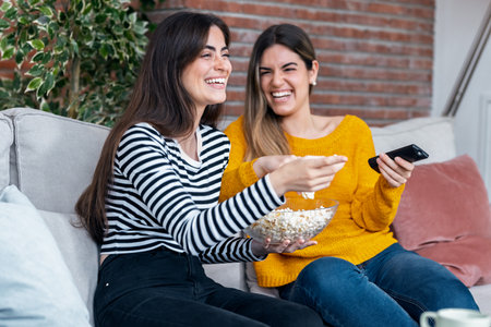 Shot of two funny women watching TV while eating popcorn on the couch at home.