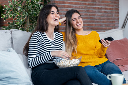 Shot of two funny women watching TV while eating popcorn on the couch at home.