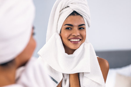 Shot of young woman removing make up in front of mirror in the bathroom.の写真素材