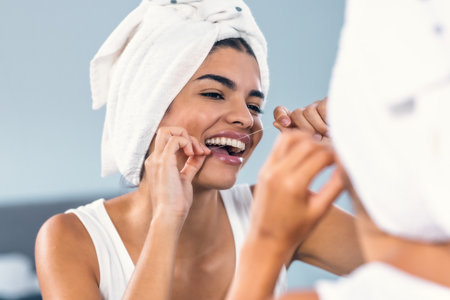Shot of beautiful woman brushing her teeth while flossing in front of the mirror in the bathroomの写真素材