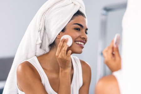 Shot of beautiful young woman removing makeup while taking care of her skin while looking at mirror at home.の写真素材