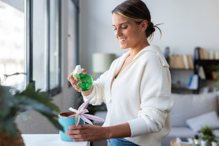 Shot of beautiful smiling woman arranging plants and flowers in the living room at homeの写真素材
