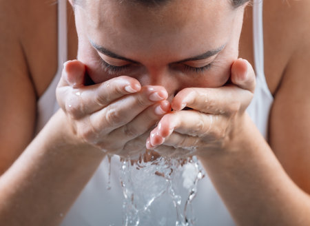 Portrait of beautiful young woman washing her face splashing water in a home bathroom.の写真素材