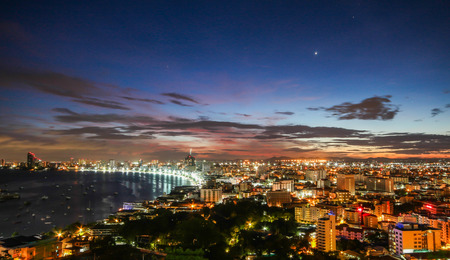 Pattaya city and sea at twilight time, Thailandの写真素材