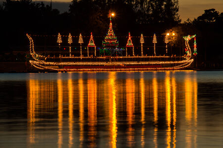 The Royal Barge Suphannahong decorated with beautiful lights for Loykratong festival,Thailandの写真素材