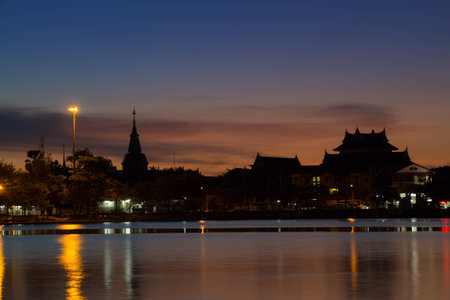 silhouette temple Thailand at twilight timeの写真素材