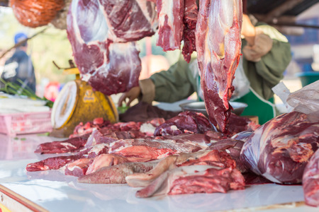 Meat in market outdoor Thailand,street foodの写真素材