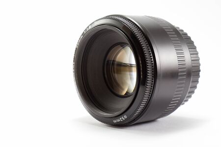 Black camera lens on white backgroundの写真素材