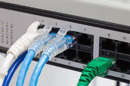 Local area network un twice pair internet cables on panel switchの写真素材