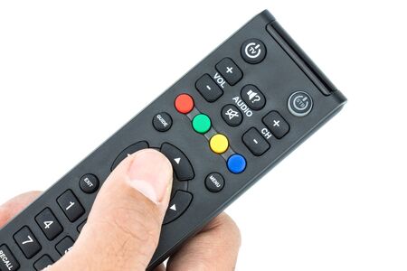 Hand held with remote control pointing forward on white background.の写真素材