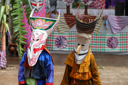 LOEI, Thailand - July 7, 2016 : The Phi Ta Khon annual festival beautiful parade.People dress in spirit and wear a ghost mask costume colorful, sing and dance at DANSAI LOEI province Thailand.のeditorial素材