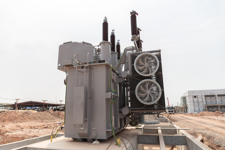 Power transformers are being installed for use in high voltage substations.Back side.の写真素材
