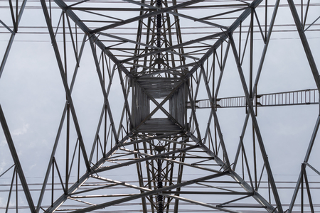 Construction of transmission line electric pole.の写真素材