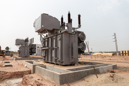 Power transformers are being installed for use in high voltage substations.の写真素材